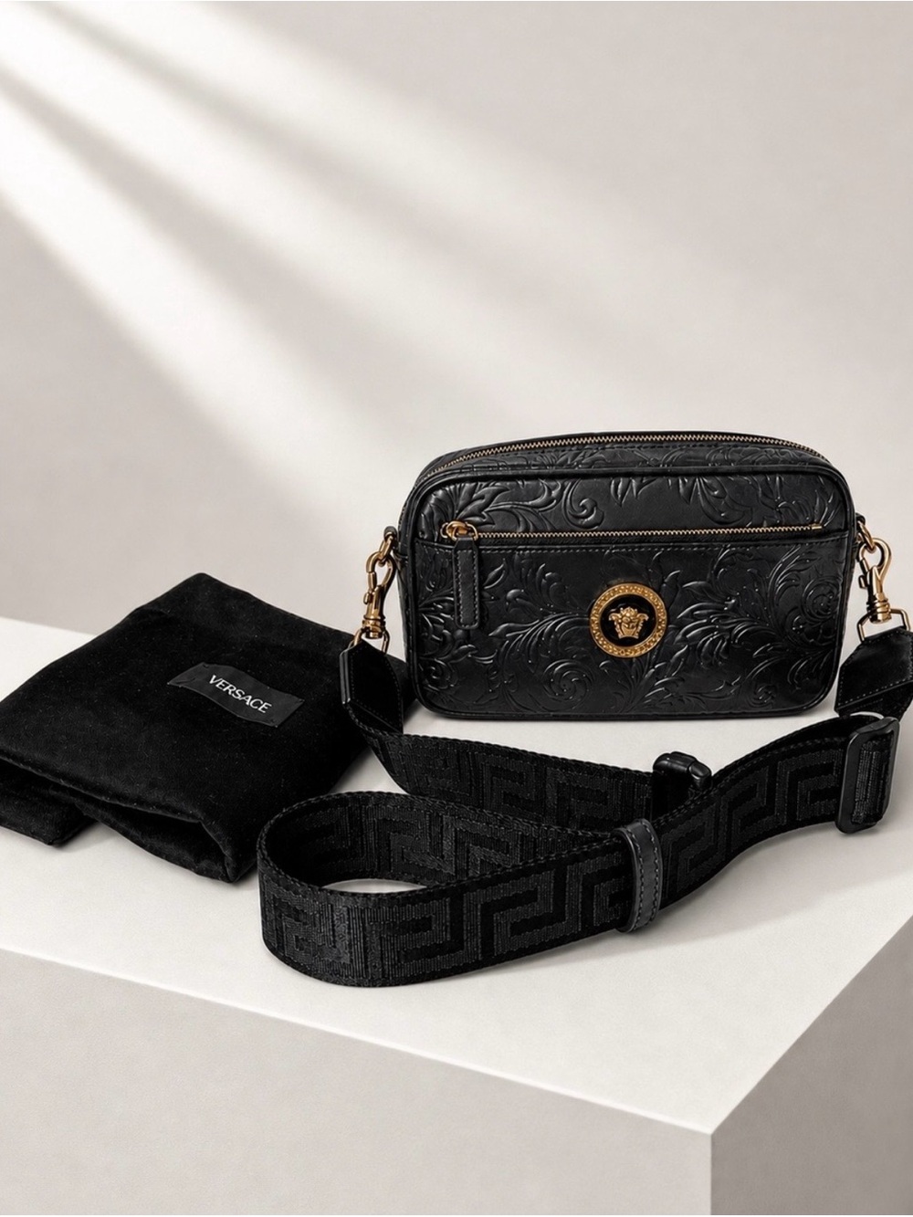 Versace Black Embossed Leather Crossbody with Gold Medusa Emblem - Picture 2 of 14